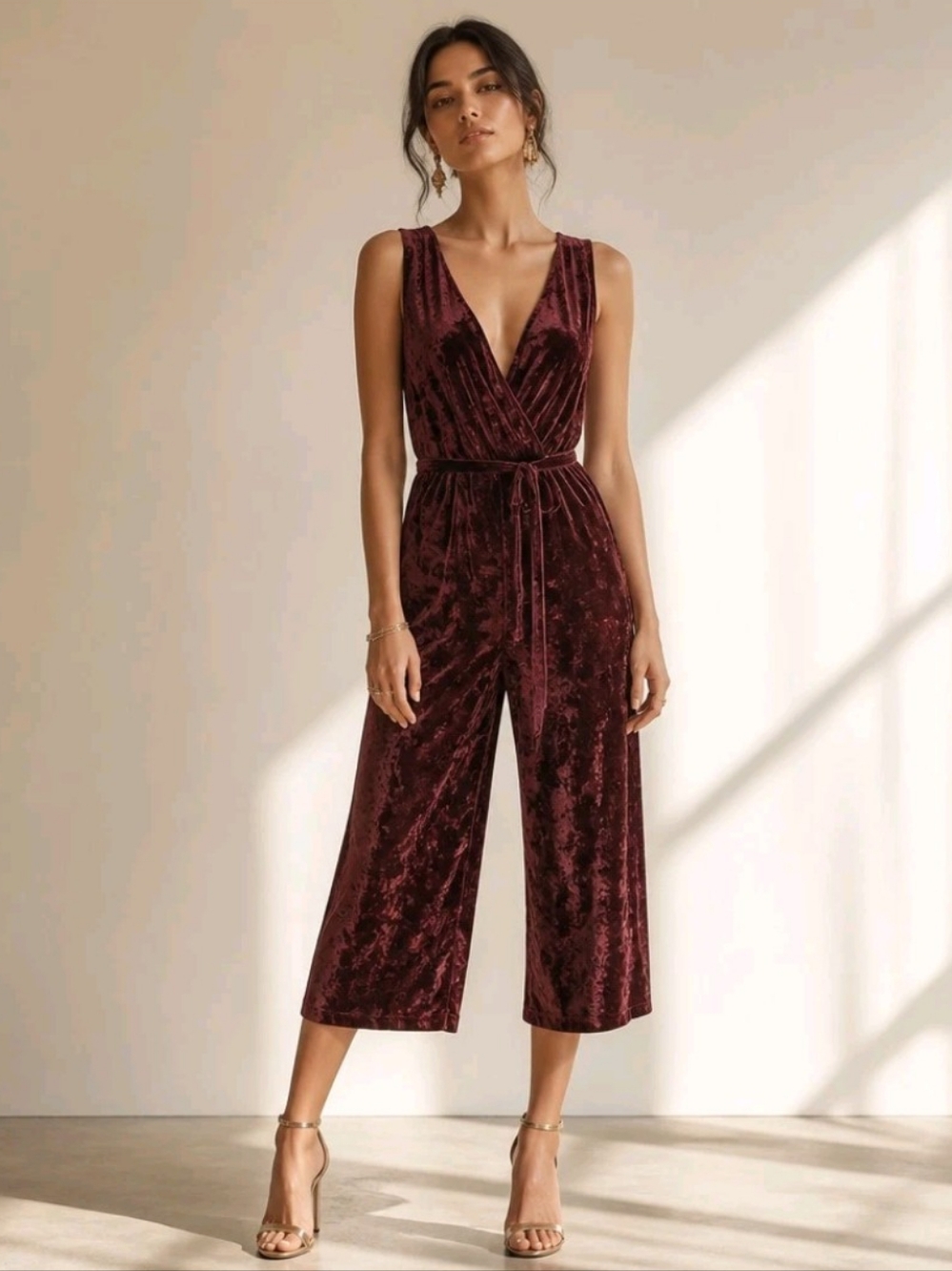 Burgundy Crushed Velvet Wrap Culotte Jumpsuit Size Medium Romantic Goth Holiday